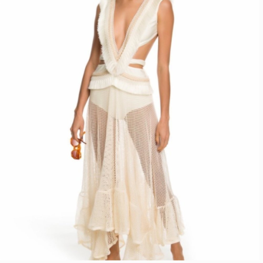 PatBo fringe and mesh cutout maxi dress